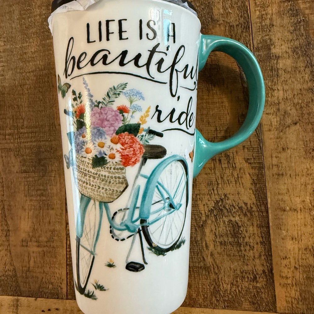 Charming Floral Bicycle Ceramic Mug - Teal and White